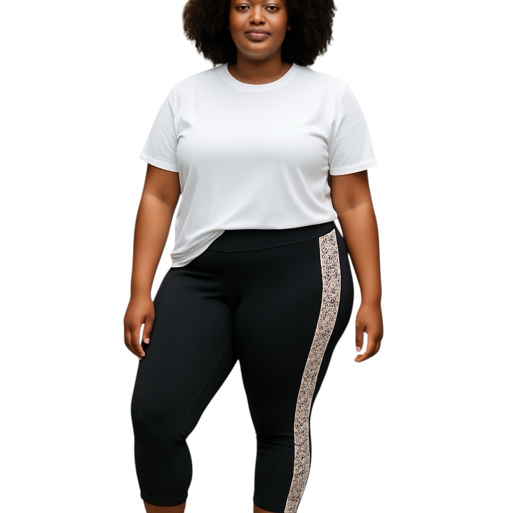 BEBE SPORT DOUBLE PRINT INSERT BLACK CAPRI ROSE PINK PAISLEY PANT 3X